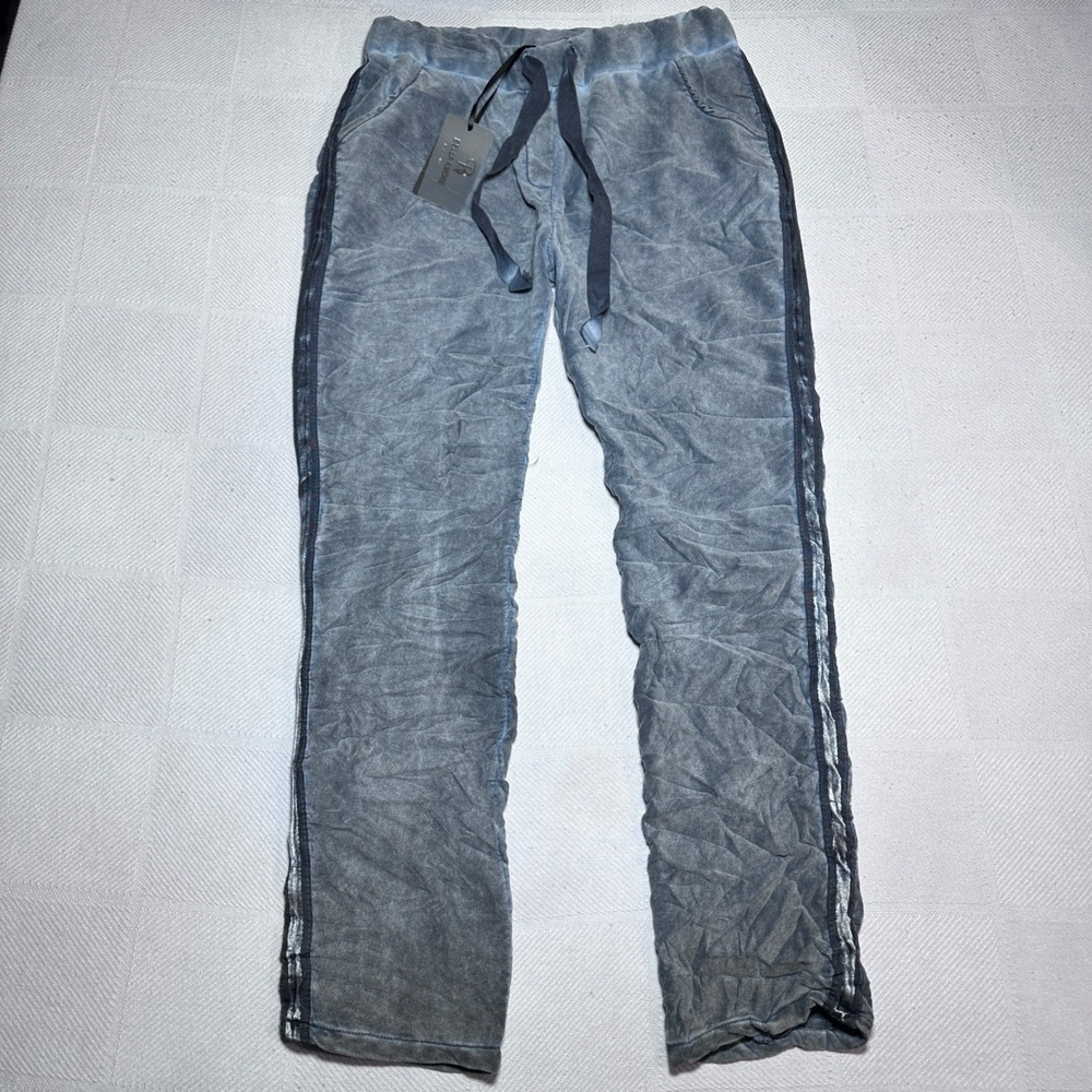 NEW Bella Amore Pants Womens L/XL Blue Crinkle Velour Side Stripe Made In Italy
